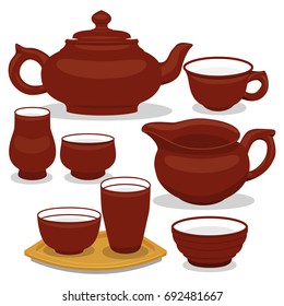 Chinese tea utensils set. Isolated vector set on white background.