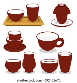 Chinese tea utensils set. Isolated vector set on white background.