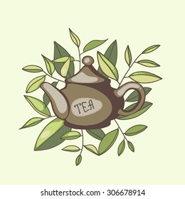 Chinese teapot with green tea leaves. Lettering. Label. Vector illustration.