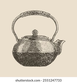 Chinese teapot, illustration in medieval engraving style