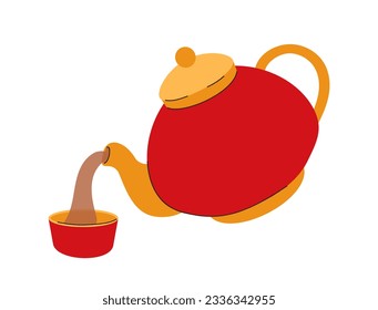 Tetera china con el concepto de té. Bebida caliente, aroma y bebida. Bellas vajillas y vajilla rojas. Afiche o cartel para el sitio web. Dibujo vectorial plano de dibujos animados aislado en fondo blanco