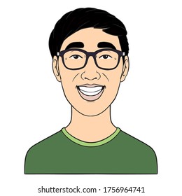 chinese teenager with glasses laughs and shows teeth. green t shirt. comic avatar isolated on white background.