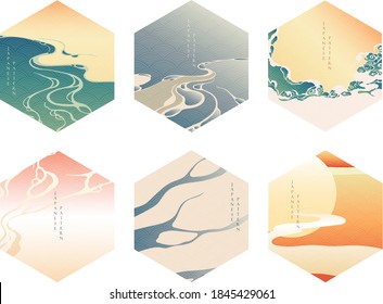 Chinese template with wave elements vector. Sunset and River background in Oriental style. Geometric banner. Asian pattern with gradient wallpaper.