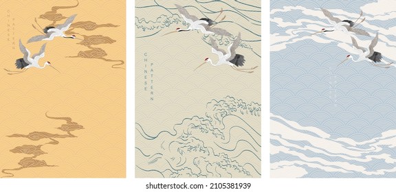 Chinese template with wave pattern vector. Cloud and wave background with hand drawn crane birds elements. Sea surface poster design in oriental style. 