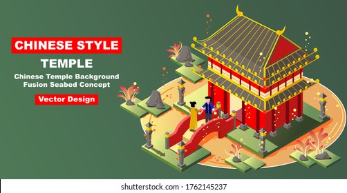 Chinese temple background fusion seabed concept vector design