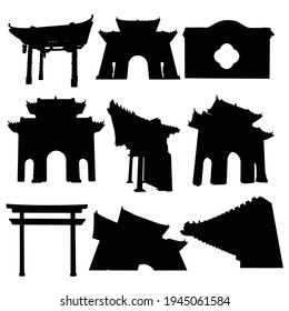 Chinese temple or Buddhist monastery with gates fragment. Archway gates or Gate Arch entrance. Torii gates traditional Japanese style gate. Asian landmarks. Cultural architecture set. Vector.