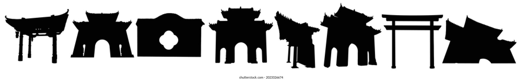 Chinese temple or Buddhist monastery with gates fragment. Archway gates or Gate Arch entrance. Torii gates traditional Japanese style gate. Asian landmarks. Cultural architecture set. Vector.