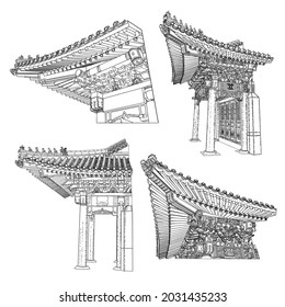 Chinese temple or Buddhist monastery with gates fragment. Traditional China house of worship. Classic Asian religious building and landmark. Chinese cultural and spiritual architecture. Vector.