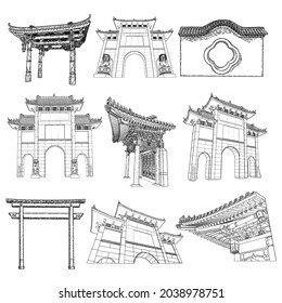 Templo chino o monasterio budista con fragmento de puerta. Puertas de arcos o entrada al Arco de la Puerta. Torii se abre a la puerta de estilo japonés tradicional. Hitos asiáticos. Conjunto de arquitectura cultural. Vector.