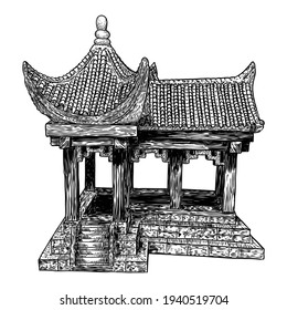 Chinese temple or Buddhist monastery. Traditional China house of worship. Classic Asian religious building and landmark. Chinese cultural and spiritual architecture. Vector.