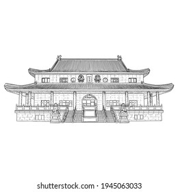 Chinese temple or Buddhist monastery. Traditional China house of worship. Classic Asian religious building and landmark. Chinese cultural and spiritual architecture. Vector.