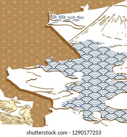 Chinese temple or castle outline template vector with Japanese pattern background. Fuji mountain hand drawn elements.