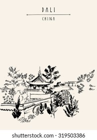 Chinese temple in Dali, Yunnan, China. Vector hand drawn black and white poster, banner, postcard, coloring book page or calendar page template