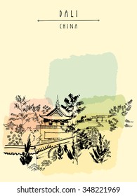 Chinese temple in Dali, Yunnan, China. Hand drawn colorful poster, banner, book illustration or postcard. Vector illustration