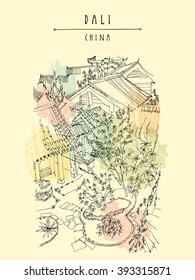 Chinese temple in Dali, Yunnan province, China. Handdrawn vintage touristic postcard or poster in vector