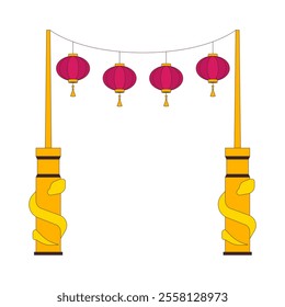 Chinese temple entrance with hanging paper lanterns 2D cartoon object. Spring festival gate. Traditional oriental arch isolated element flat vector clipart on white background. Spot illustration