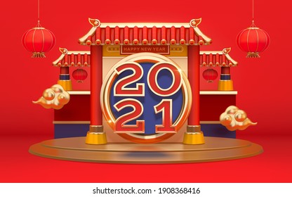 Chinese temple gate with number 2021. 3d element isolated on red background. Suitable for Asian or Chinese culture decoration.