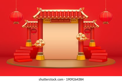 Chinese temple gate with staircases and copyspace. 3d element isolated on red background. Suitable for Asian or Chinese culture decoration.