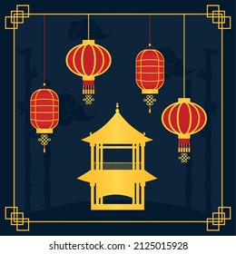 chinese temple illustration with decorative lanterns