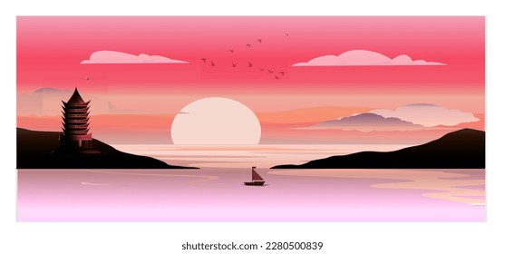Chinese temple on a remote island. Chinese culture. Culture and religion. Vector illustration.