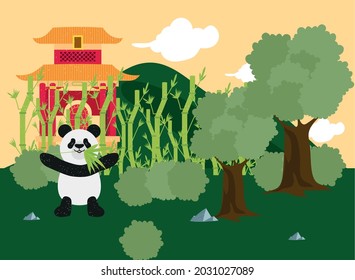 chinese temple with panda bear in landscape