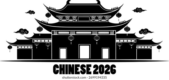 Silhueta do templo chinês com lanternas e nuvens para celebração do Ano Novo Lunar 2026
