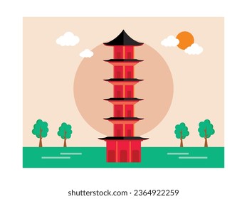 Chinese temple traditional architecture, red pagoda landmark building. Character design. Vector flat illustration