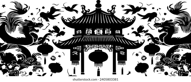 Chinese temple. Vector illustration in black and white colors on a white background. Silhouette of Happy Chinese New Year.