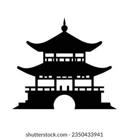 Chinese temples, gates and traditional buildings in black and white, vector illustration