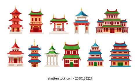 Chinese temples and houses at traditional Asian style. Korean religious buildings with towers and outdoor lighting. Buddhism Chinese temples and pagodas oriental architecture exterior cartoon vector