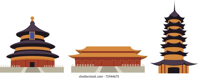 Chinese temples isolated on white background, vector