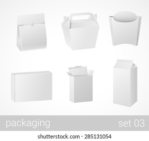 Chinese thai food and drink plastic and carton cardboard package set. Blank white packaging objects isolated on white vector illustration.