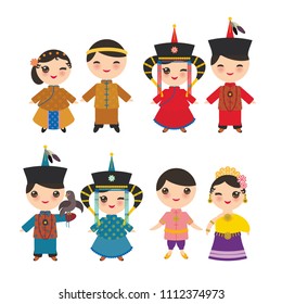 Chinese Thai Mongolian Kawaii boy and girl in national costume and hat. Cartoon children in traditional Thailand dress isolated on white background. Vector