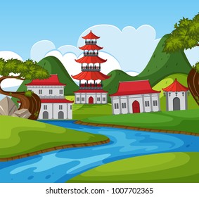 Fondo del tema chino con muchos edificios por ilustración del río