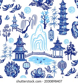 Chinese theme landscapes with pagodas, mountains, trees,birds, bridges. Seamless pattern with vector  hand drawn illustrations in toile chinoiserie style