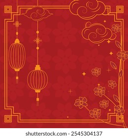 Chinese themed red template with lanterns, clouds, flowers, and a geometric frame, ideal for festive projects