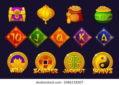 Chinese Themed set symbols. Here are the jackpot, bonus, wild and scatter symbols. Twelve Chinese Icons for Game Development