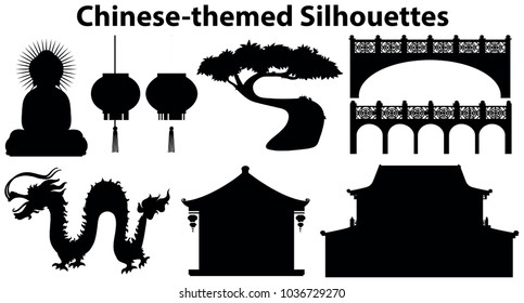 Chinese themed silhouettes on white background illustration