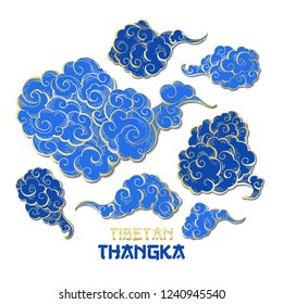 Chinese or Tibetian Golden Outline and Blue Vector Clouds Collection. Asian Oriental Artistic Tangka Illustration. Paper Art Style