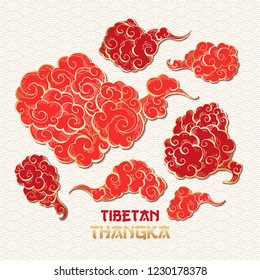 Chinese or Tibetian Golden Outline and Red Vector Clouds Collection. Asian Oriental Artistic Tangka Illustration. Paper Art Style