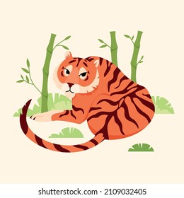 Chinese tiger in bamboo forest trendy flat illustration. Asian predator, jungle wildlife banner design. Panthera tigris around trees background.