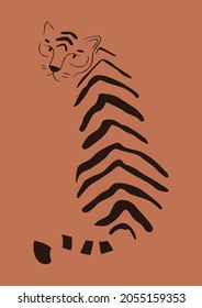 Chinese tiger in boho asian style. Minimalistic scene. Modern cartoon flat tiger print. Stock vector illustration.