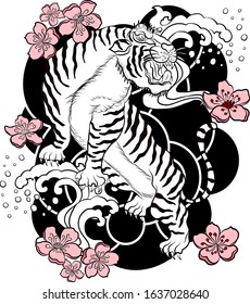 Chinese tiger with cherry blossom and Japanese wave for tattoo design.Idea for printing on shirt.Korean tiger with sakura flower vector for painting on white isolated background.
