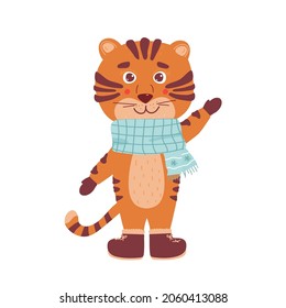 Chinese tiger cub waves his hand welcomes. fun flat.Vector isolated on wite cartoon illustration
