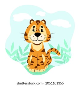 Chinese tiger. Cute tiger in nature. Vector character in flat style.
