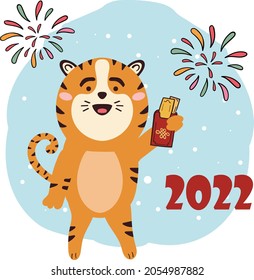 Chinese Tiger holds a money envelope, tiger temple, Vector illustration in Cartoon style
