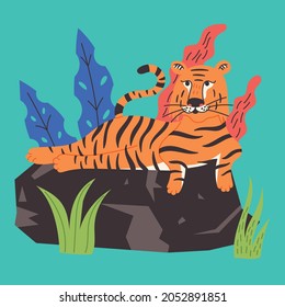 Chinese tiger lies on a rock. Wild predator king of beasts. Animal vector illustration flat cartoon style