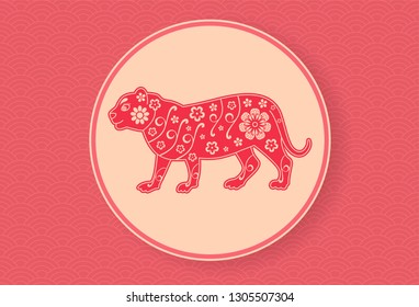 Chinese Tiger. Lunar New Year banner design template. Red wavy pattern. Zodiac sign. Abstract flower texture. Animal silhouette. Horoscope symbol 2022. Coral color background