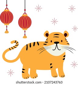 Chinese Tiger and Red Paper Lanterns, New Year Festival, Tiger Temple, Cartoon flat style illustration