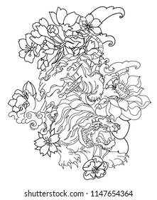 Chinese tiger with sakura flower and water splash tattoo.Illustration design tiger and cherry peach flower art vector.